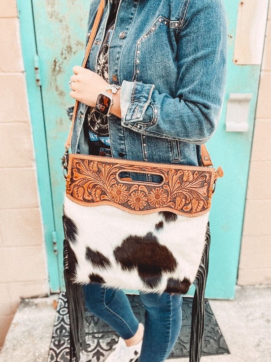 American Darling Handbags - American Darling Brown & White Tooled Leather Cowhide Fringe Shoulder Bag